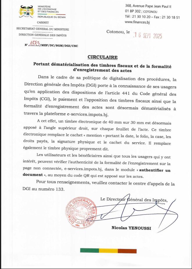 Services publics au Bénin : Timbres fiscaux et enregistrement des actes désormais digitalisés