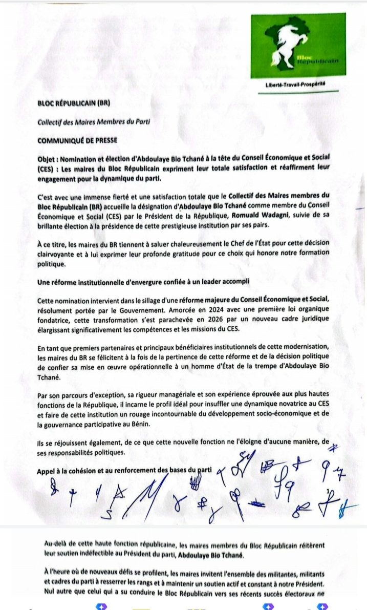Abdoulaye BIO TCHANE à la tête du BR, 32 Maires optent pour la continuité